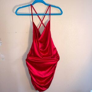 Red Cowl Neck Satin Mini Dress Ruching Adjustable Straps Small